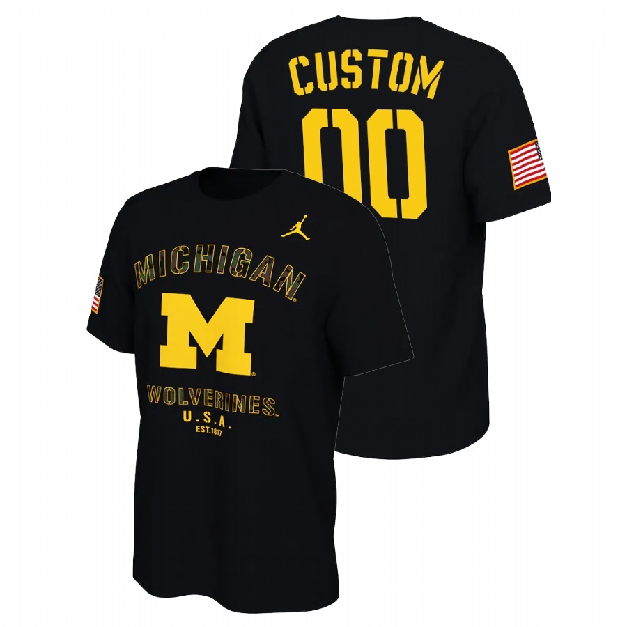 Michigan Wolverines Men's NCAA Custom #00 Black Veterans Day 2021 America Flag College Football T-Shirt XKH0049YX